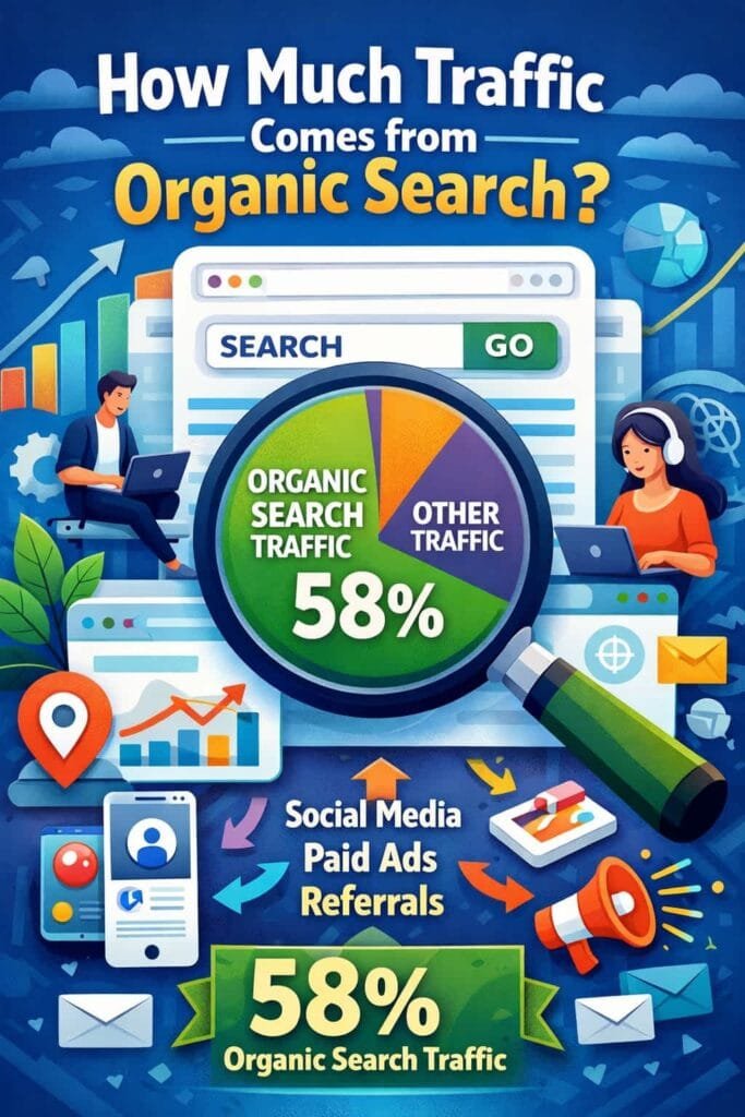 53% of website traffic comes from organic search. Organic search remains a vital source of traffic for websites. Users trust search engine results and often turn to search engines to find information, products, and services.