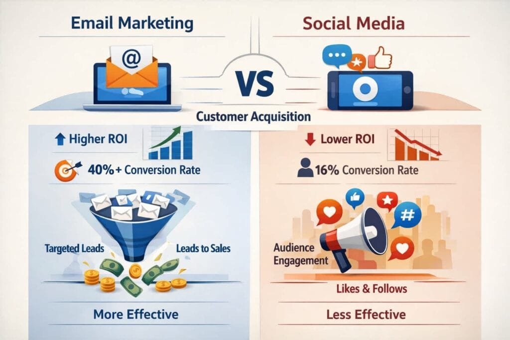 Email marketing outperforms social media when it comes to customer acquisition, being 40 times more effective than Facebook or Twitter. This statistic highlights the importance of prioritizing email marketing in your strategy. Focus on growing your email list through various channels, such as social media promotions, website sign-ups, and lead magnets, to maximize your customer acquisition efforts.