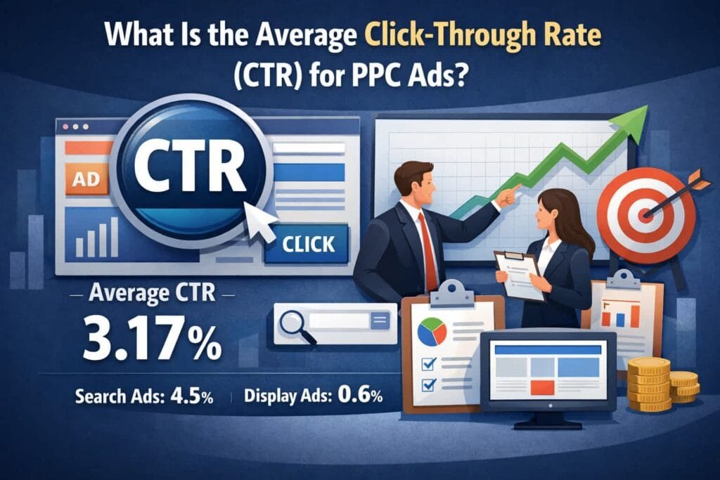 The average CTR for PPC ads is 3.17%, serving as a benchmark for evaluating your campaigns. To improve your CTR, create engaging and relevant ad copy, use high-quality visuals, and ensure your ads are targeted to the right audience.