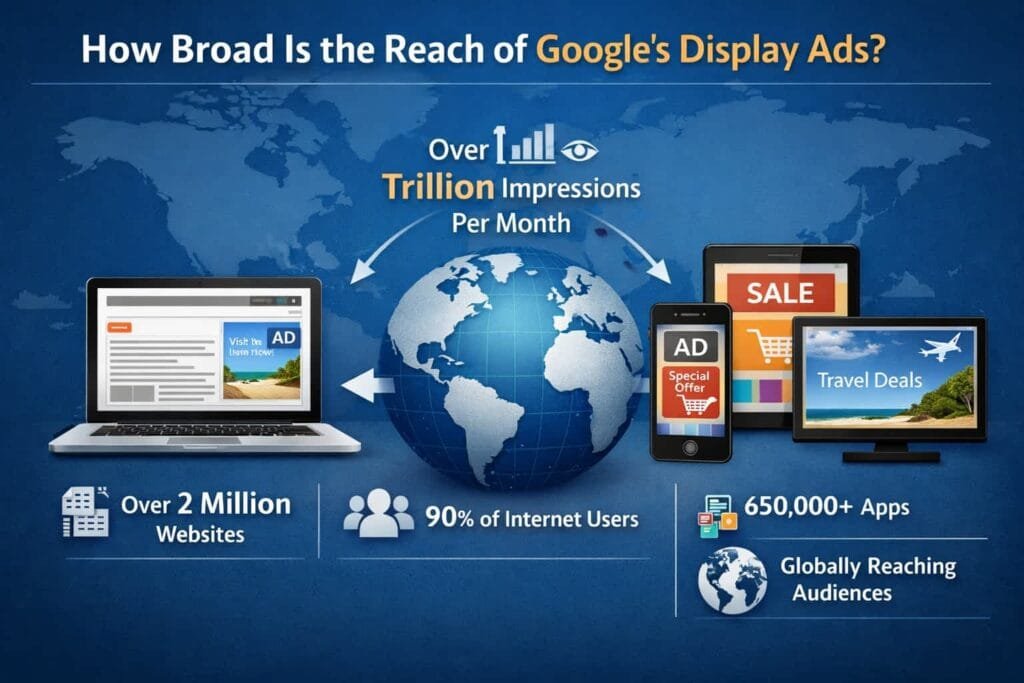 Google's display ads have an extensive reach, covering over 90% of global internet users. This vast reach makes display ads an excellent choice for brands looking to increase visibility and engage a broad audience.