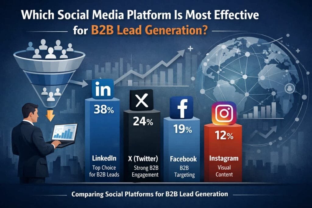LinkedIn stands out as the leading platform for B2B lead generation, utilized by 94% of B2B marketers. Its professional network and targeted advertising options make it ideal for reaching decision-makers and industry professionals.