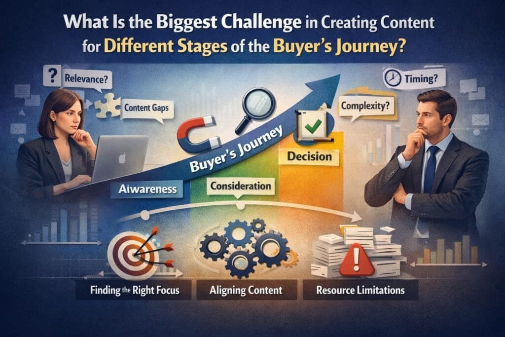 Nearly half of B2B marketers struggle with creating content tailored to different stages of the buyer's journey. Addressing this challenge requires a deep understanding of the buyer's needs at each stage and developing content that guides them through the process. Effective strategies include creating awareness-stage blog posts, consideration-stage case studies, and decision-stage product comparisons.