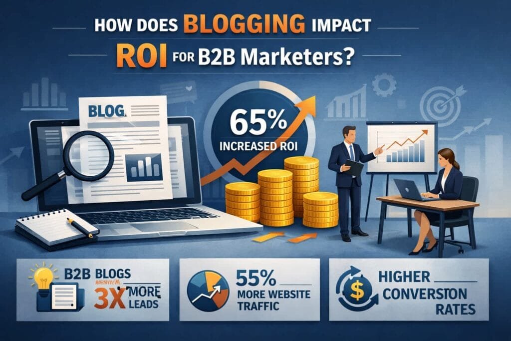 Blogging is highly effective for generating ROI, with B2B marketers who prioritize it being 13 times more likely to see positive returns. Regular blogging improves search engine rankings, drives organic traffic, and establishes thought leadership. To maximize ROI, B2B companies should focus on creating high-quality, SEO-optimized blog content that addresses their audience's pain points and interests.