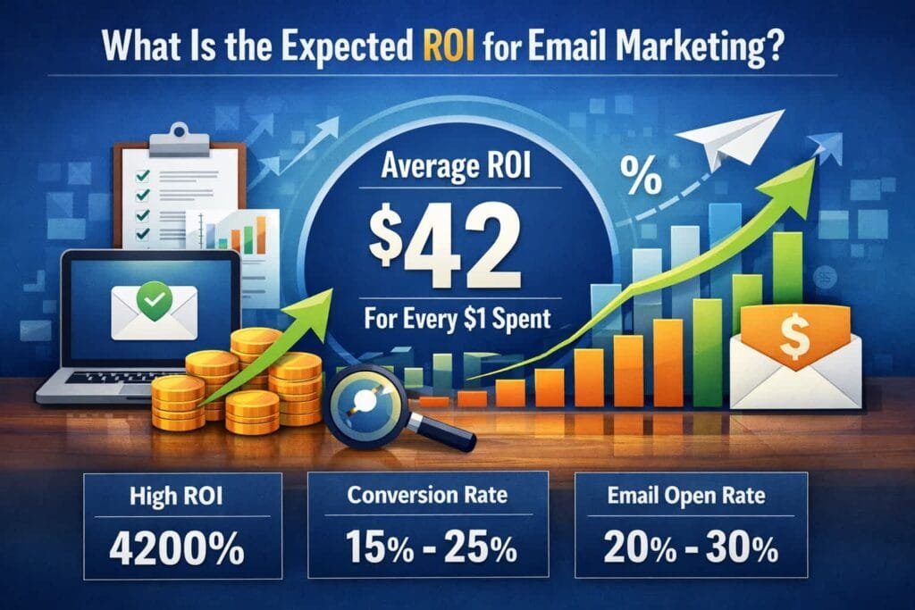 The average email marketing ROI is expected to be $42 for every $1 spent in 2024. Email marketing continues to deliver impressive returns due to its ability to target specific audiences with personalized messages.