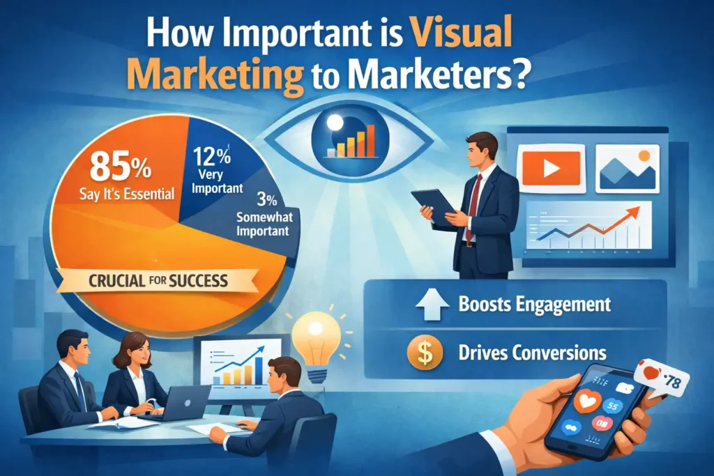 Nearly half of marketers consider visual marketing to be very important. Visual content enhances engagement, brand perception, and overall effectiveness, making it a critical component of a successful marketing strategy.