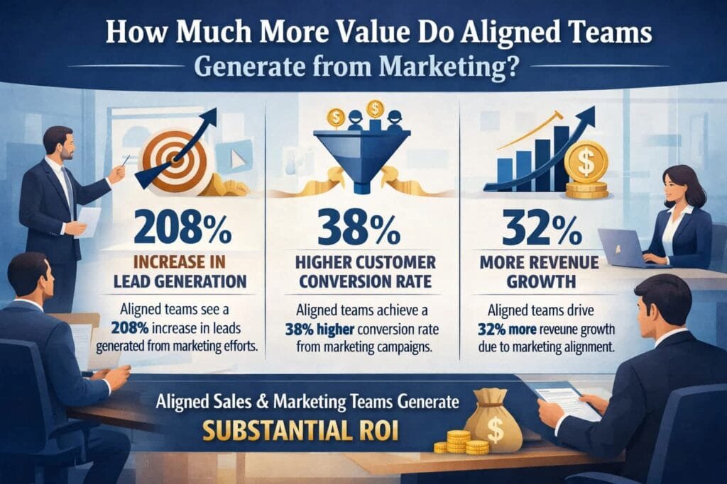 Companies with aligned sales and marketing teams generate 209% more value from their marketing efforts. This massive increase highlights the efficiency and effectiveness of a coordinated approach to marketing and sales activities.