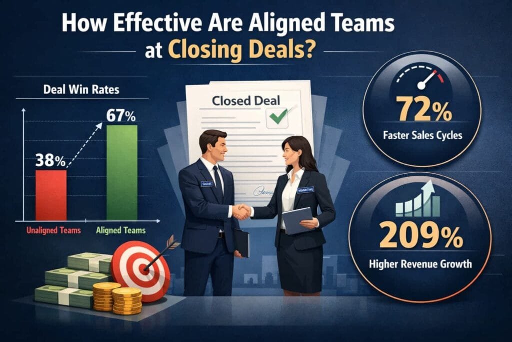 Aligned teams are 67% more effective at closing deals. This improvement is due to the cohesive and consistent efforts of both teams working towards a common goal.