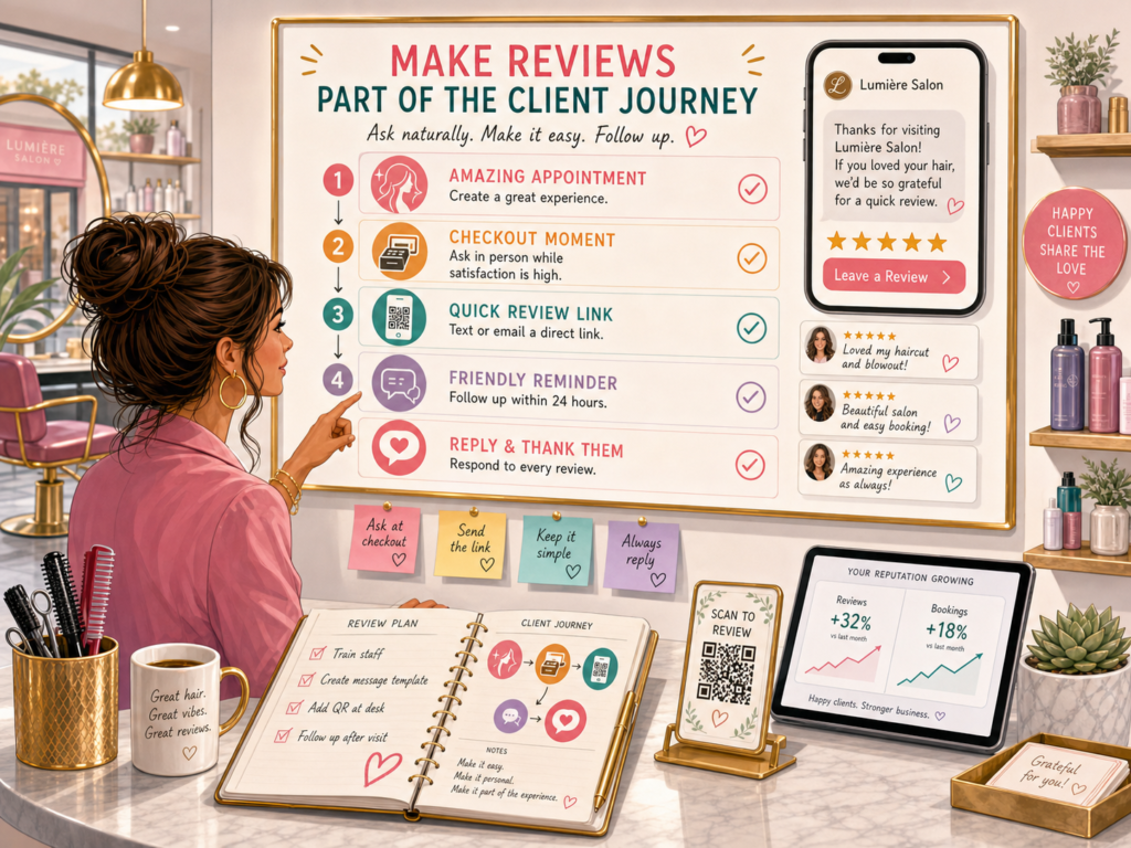 Reviews are trust builders. A salon can say it is great, but when real clients say it, the message is stronger. Reviews help new clients feel safe. They reduce doubt. They also help your salon show up better in local search.