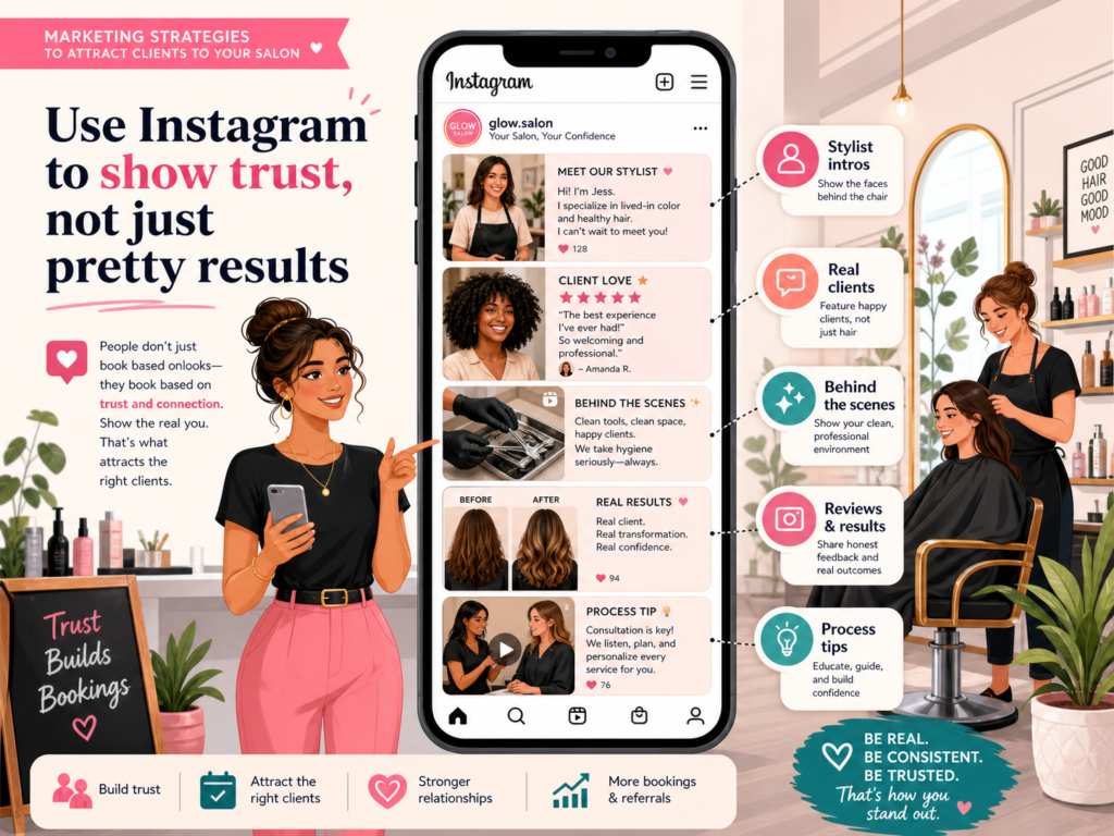 Instagram is a natural fit for salons because beauty is visual. But posting pretty photos is not enough anymore. Many salons post good work and still struggle to get bookings because their content does not build enough trust.