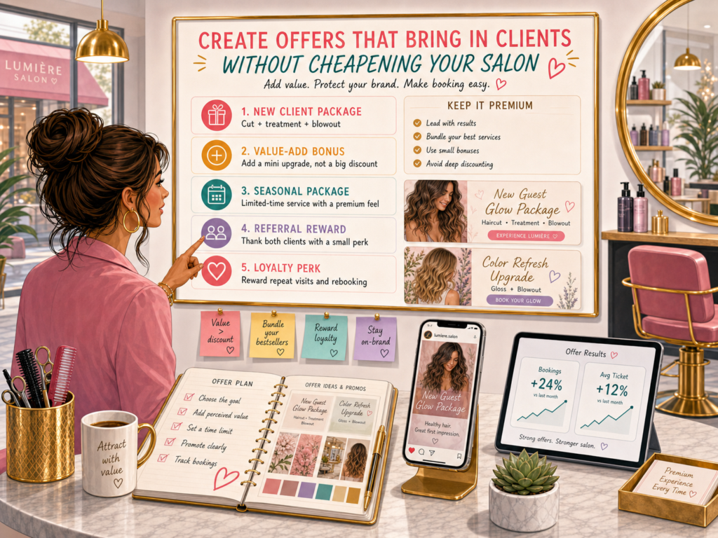 Discounts can bring people through the door, but they can also hurt your salon if you use them too often. If clients only come because the price is low, they may leave when someone else becomes cheaper.