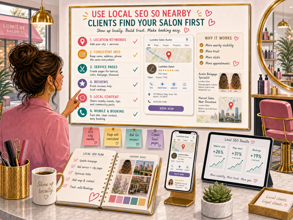 Local SEO means helping your salon appear when people nearby search for beauty services. This matters because most salon clients do not want to travel too far. They want a trusted place close to home, work, school, or the places they already visit.