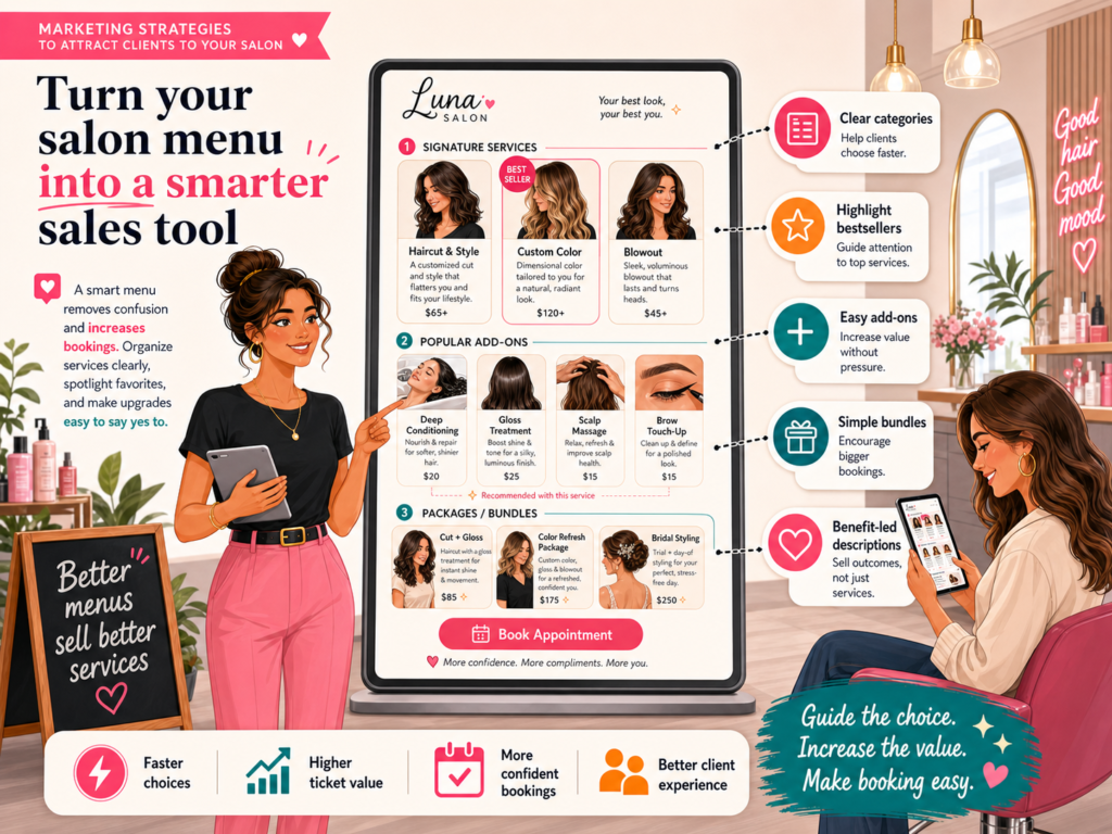 Your service menu is not just a price list. It is one of your strongest sales tools. A confusing menu can stop people from booking. A smart menu helps clients choose faster and spend more with confidence.