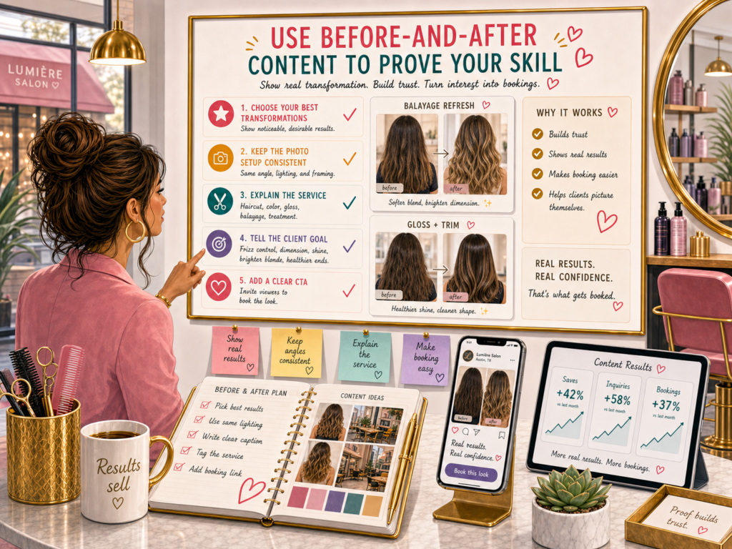 Before-and-after content works because it shows change. It lets clients see the problem, the process, and the result. For salons, this kind of proof is powerful because beauty decisions feel personal. People want to know that you can handle their hair, skin, nails, or look with care.