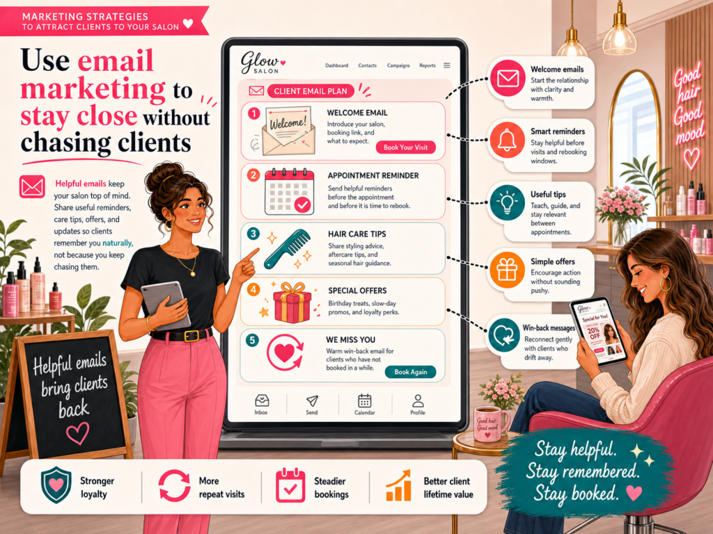 Email may not feel as exciting as Instagram, but it is still a strong tool for salons. Social media depends on algorithms. Email gives you a direct way to reach clients who already know your salon.