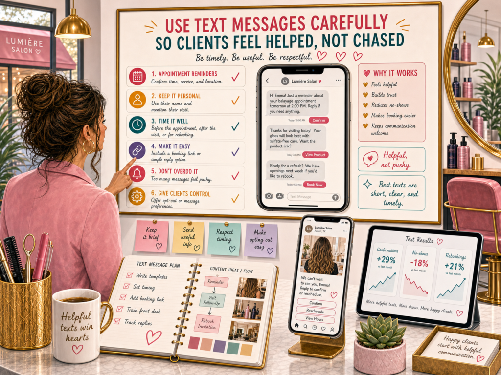 Text messages can work very well for salons because they feel direct and personal. Most clients check texts faster than emails. This makes texting useful for appointment reminders, rebooking prompts, last-minute openings, birthday notes, and simple follow-ups.