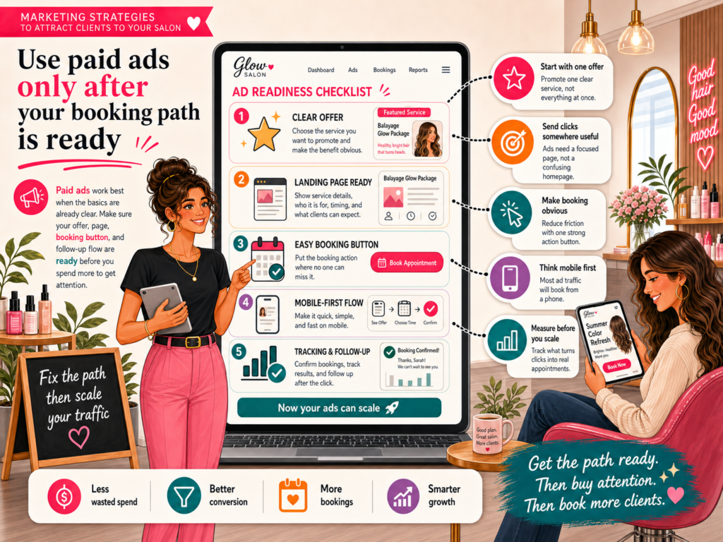 Paid ads can bring new people to your salon fast, but they can also waste money if your basics are weak. If your website is confusing, your booking page is slow, your Google reviews are poor, or your offer is unclear, ads will not fix the problem. They will simply send more people into a weak system.