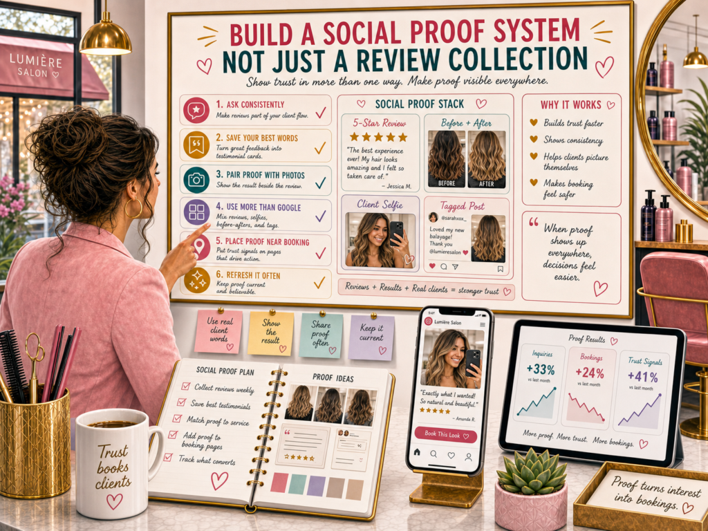 Social proof means showing that real people trust your salon. Reviews are part of it, but they are not the whole thing. Client photos, video reactions, testimonials, tagged posts, repeat visits, press mentions, awards, and even behind-the-scenes moments can all build social proof.