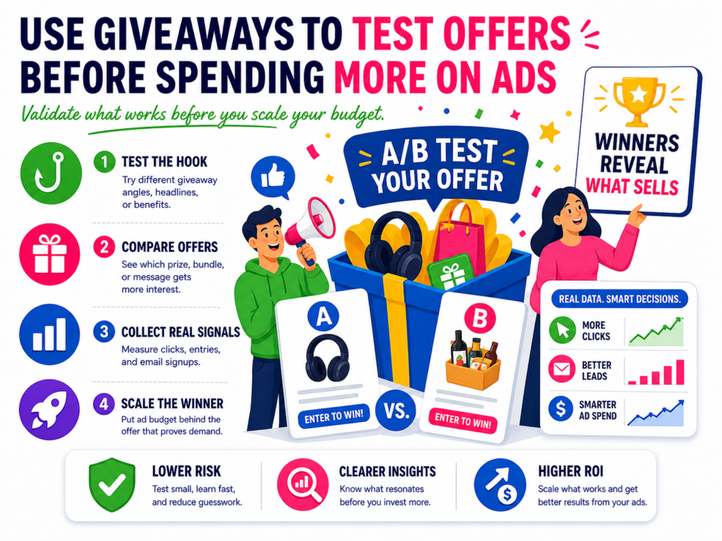 A giveaway can be a smart way to test what your audience actually wants. This is useful because many businesses spend money on ads before they know which message, prize, offer, or angle will get people to act.
