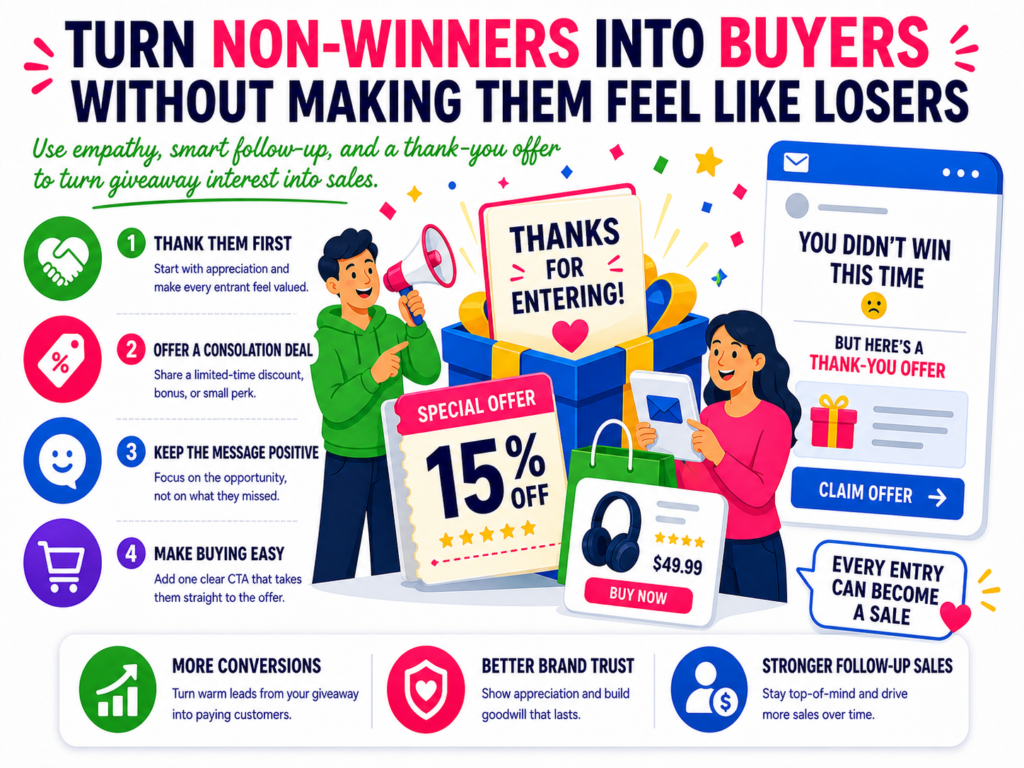 Most people who enter your giveaway will not win. That is normal. But the way you treat non-winners can decide whether the giveaway creates long-term value or ends with disappointment.