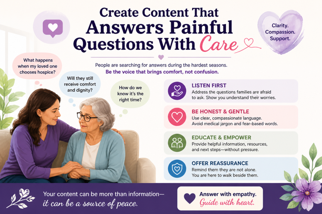 Hospice content should not be written only for search engines. It should be written for sons, daughters, spouses, siblings, and friends who are trying to make sense of something painful.