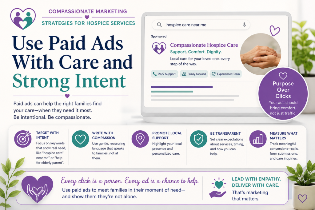 Paid ads can work well for hospice services, but only when they are handled with deep care. This is not a space for loud claims, fear-based lines, or aggressive offers. The person seeing the ad may be in the middle of a family crisis. Your ad should respect that moment.