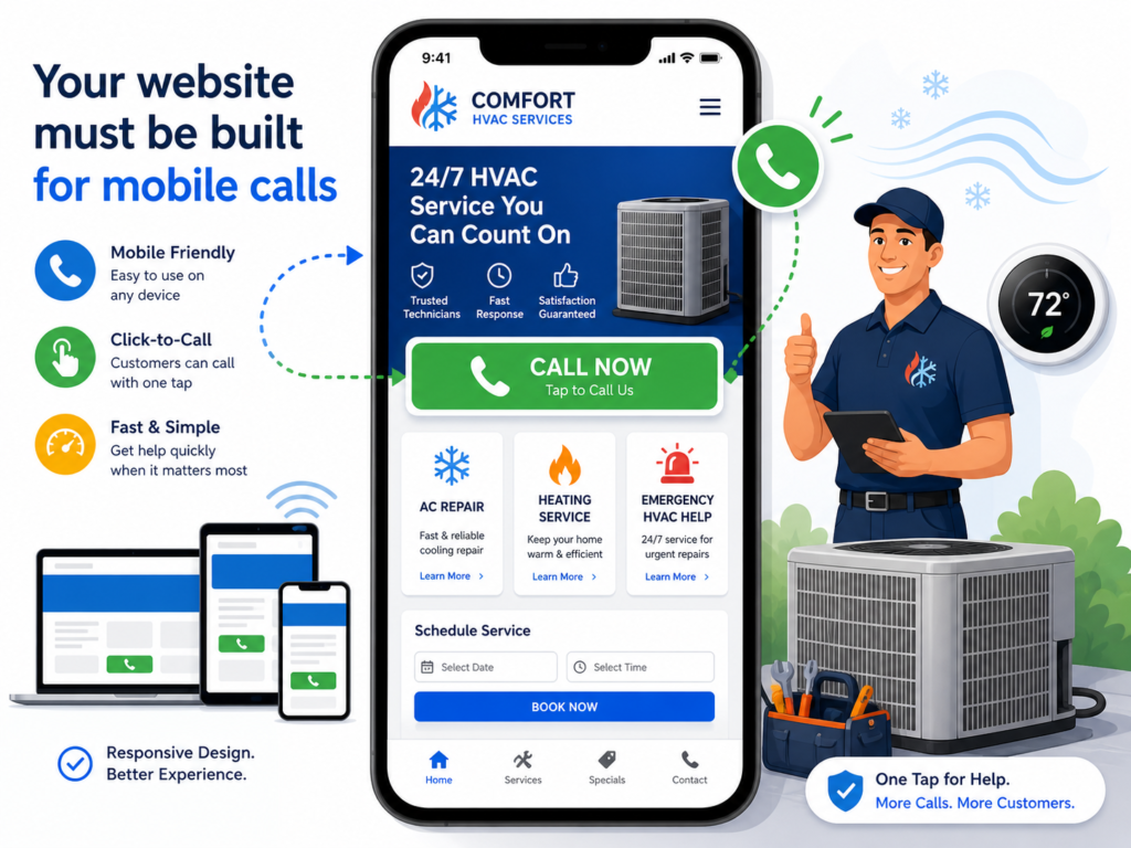 Many HVAC customers search on their phones. They may be standing near the unit. They may be at work trying to schedule help for home. They may be sitting in a hot room and comparing companies fast.