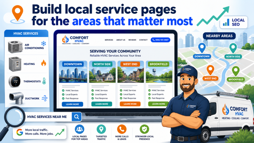 Many HVAC companies list all service areas in one long paragraph on the homepage. That is not enough if local search is important to your growth.