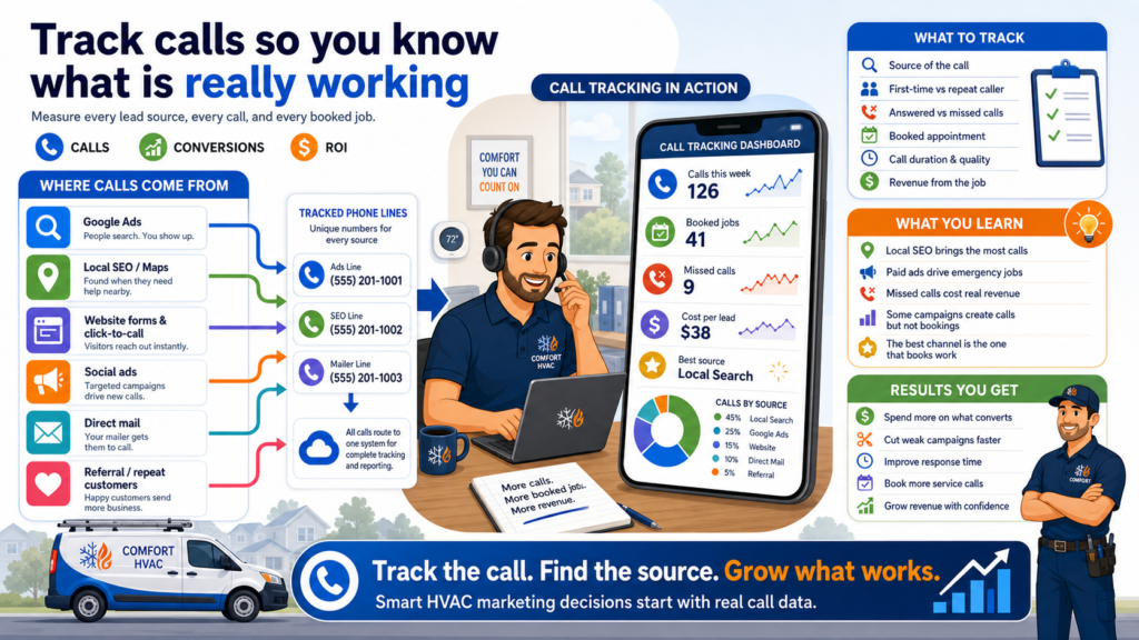 Form fills are useful, but many HVAC leads happen by phone. If you only track website visits or clicks, you may think a campaign is working when it is not. Or worse, you may turn off a campaign that is actually driving good phone calls.