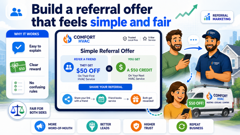 If a happy customer wants to recommend you, they should not have to figure out a complex program. The offer should be simple. It might be a credit, a gift card, a discount on future service, or another thank-you that fits your business.
