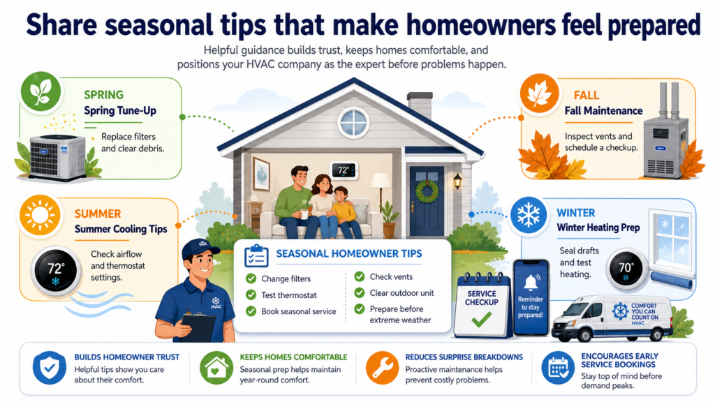 Before summer, talk about changing filters, clearing space around outdoor units, checking airflow, and scheduling tune-ups early. Before winter, talk about testing the heat, checking vents, listening for strange sounds, and calling if the system smells unusual or does not warm the home well.