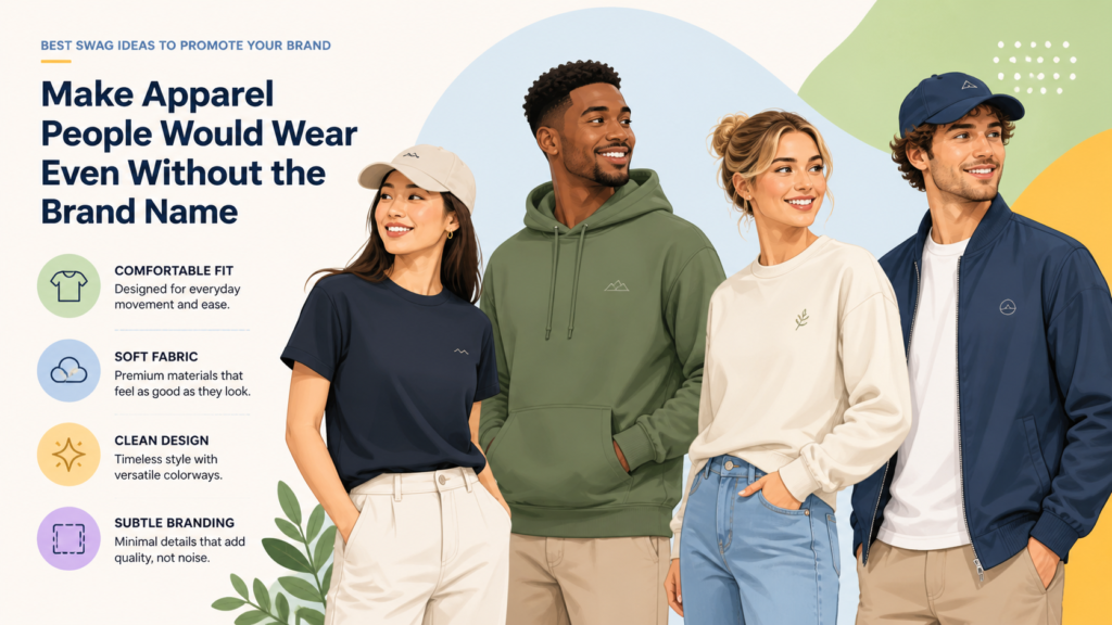 Apparel is one of the most popular swag categories, but it is also one of the easiest to get wrong. A branded shirt can travel far if people wear it. But if it sits in a drawer, it does nothing.