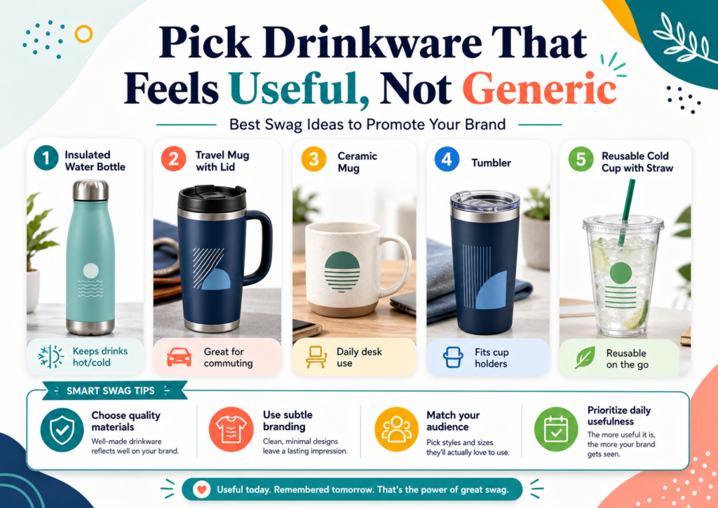 Drinkware is one of the safest swag choices because almost everyone drinks coffee, tea, water, or something they carry through the day. But because it is so common, it can also feel boring fast.