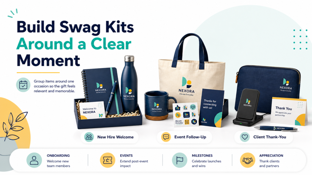 Single swag items can work well. But swag kits often create a stronger brand moment because they feel planned. A kit gives you a chance to tell a small story. It can welcome, thank, surprise, guide, or celebrate someone.