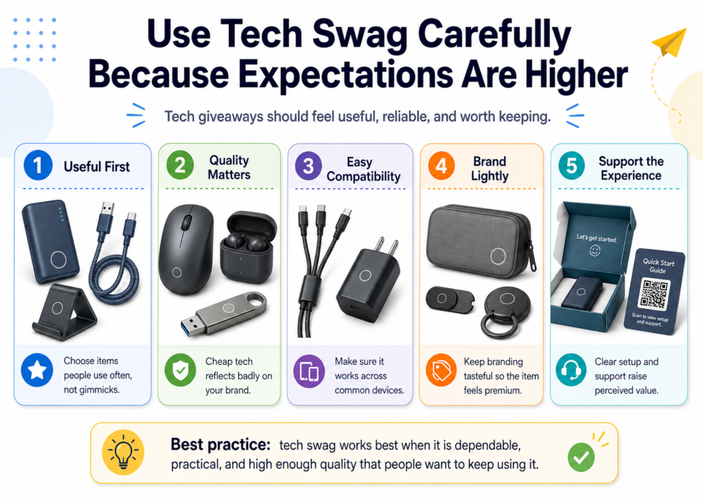 Tech swag can be powerful because it solves modern problems. People need to charge devices, clean screens, join calls, protect privacy, manage cables, and work from many places.
