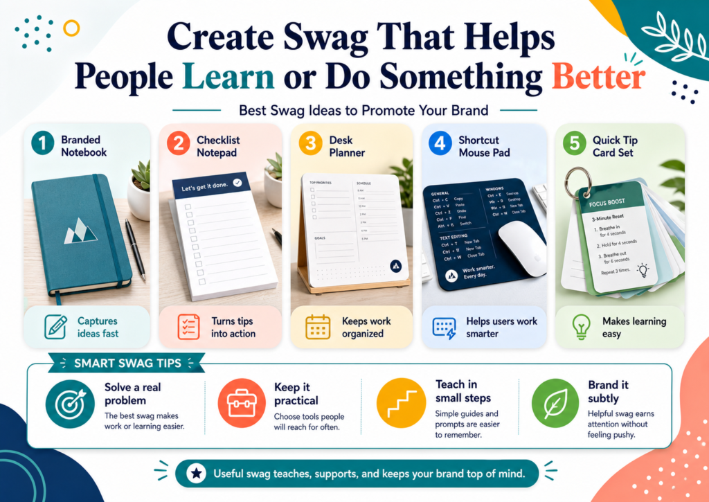 Some of the best brand swag is not just something people use. It is something that helps them improve. This is especially powerful for service businesses, agencies, consultants, coaches, education brands, SaaS companies, and B2B firms.