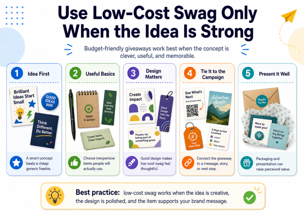 Not every swag campaign needs a large budget. Low-cost swag can work well when the concept is sharp, the design is good, and the item fits the moment. The problem is not cheap swag by itself. The problem is careless cheap swag.