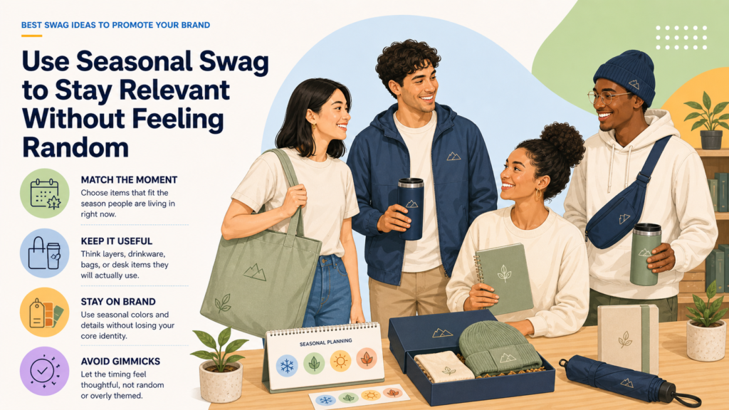 Seasonal swag works because it fits what people are already doing. A winter gift feels useful when the weather is cold. A summer kit feels natural when people are outdoors, traveling, or attending events. A year-end gift feels timely because people are reflecting, planning, and closing out the year.