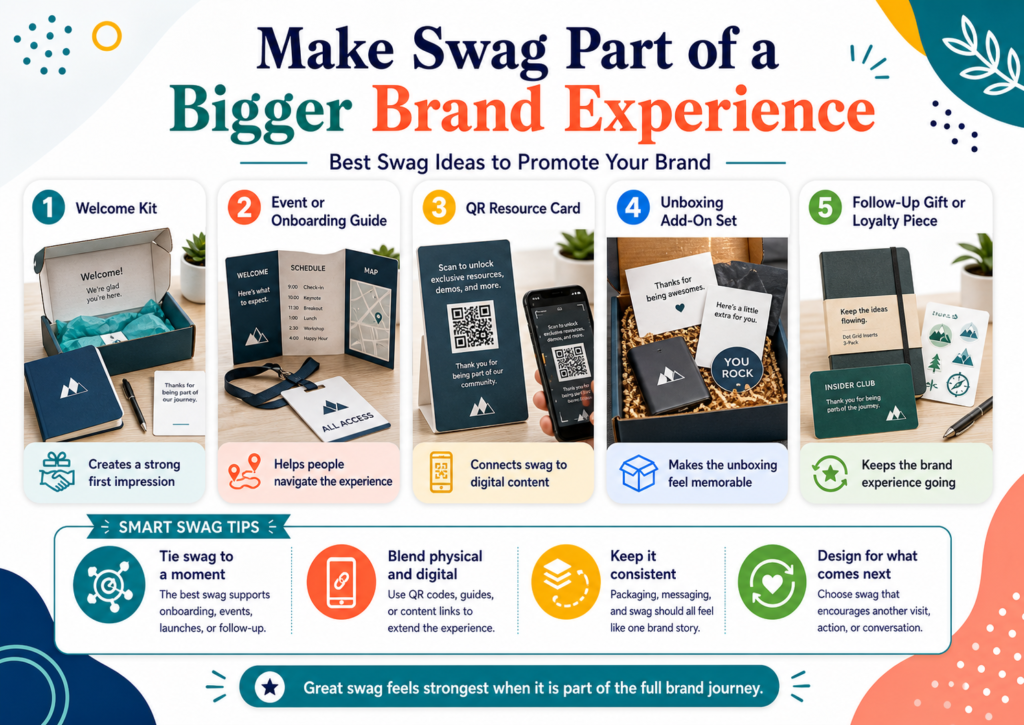 Swag works best when it is not alone. It should connect to your website, emails, sales process, events, customer journey, social content, and brand story. When all those pieces work together, swag becomes part of a larger experience.