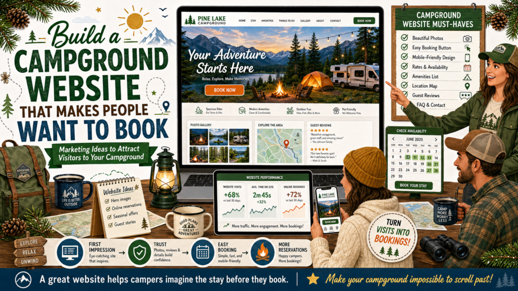 Your website is often the first real visit a guest makes to your campground. Before they see your trees, trails, cabins, RV sites, fire pits, lake, pool, or night sky, they see your website. That first visit can either make them feel excited and safe, or it can make them leave and keep searching.