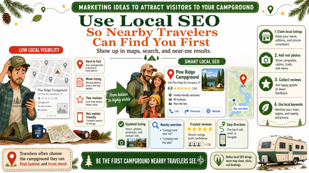 Campground marketing starts with being found at the exact moment people are looking. Many guests do not begin with your campground name. They search for things like “campground near Asheville,” “RV park near Yellowstone,” “tent camping near lake,” or “family campground near me.”