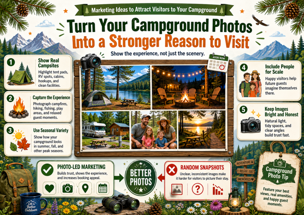 Campgrounds are visual by nature. People want to see the trees, the sites, the cabins, the roads, the fire rings, the views, and the small moments that make the stay feel special. Strong photos can do more for bookings than almost any ad copy.