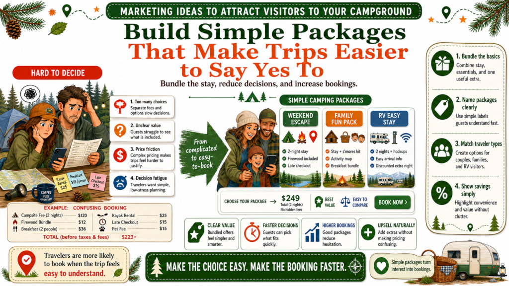 People love simple decisions. When a campground offers only a site and a rate, guests must build the whole trip in their own mind. They have to think about what to bring, what to do, when to come, and whether it will feel worth it. A package makes that decision easier.