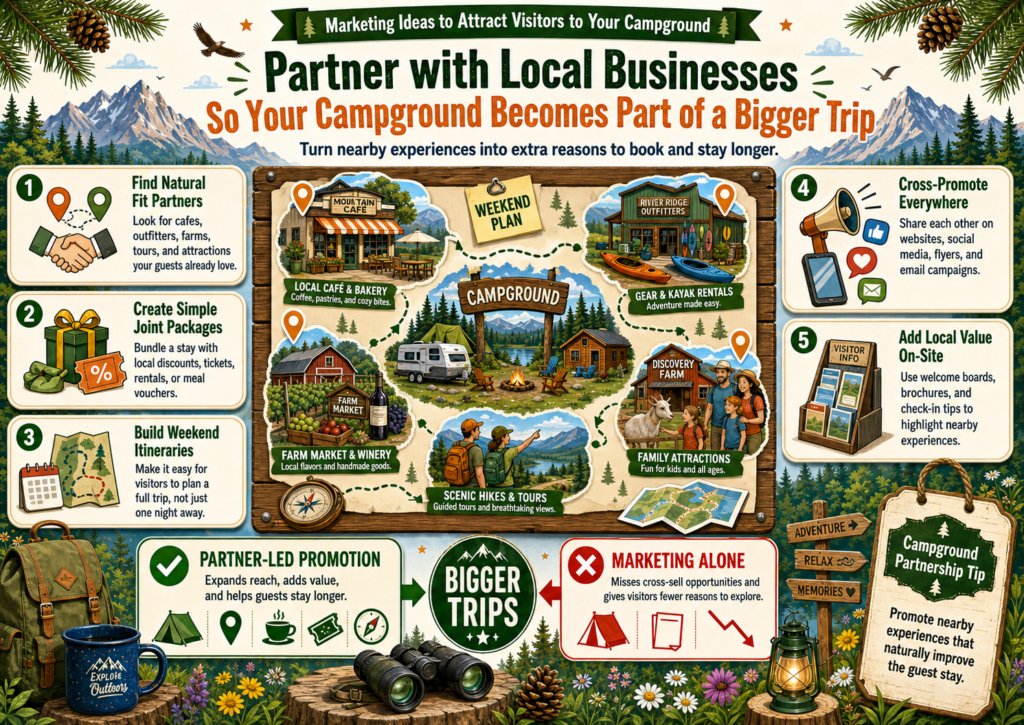 Your campground is not the only reason people visit the area. Guests may also care about restaurants, trails, lakes, shops, farms, tours, rentals, festivals, and family attractions. When you connect your campground to those local experiences, you make your place more useful and more attractive.