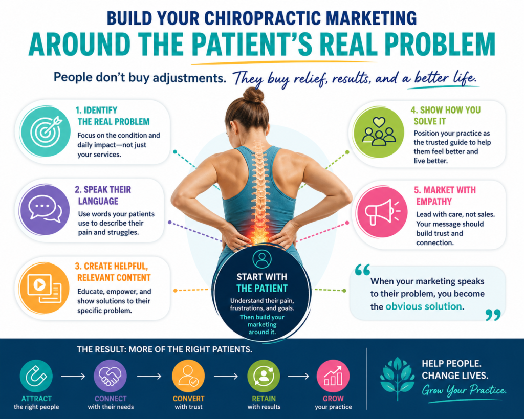 A person with back pain is not searching for “spinal correction services” because they love clinical terms. They are usually thinking, “Why does my back hurt when I sit?” or “How do I stop this pain before it gets worse?” Your marketing must meet them at that level first.