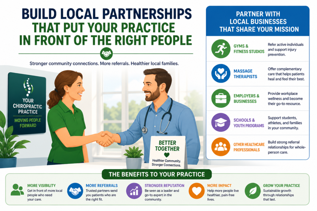 Local partnerships can help a chiropractic practice grow in a way that feels natural. You do not always need to reach patients through ads. Sometimes the best growth comes from trusted local relationships.