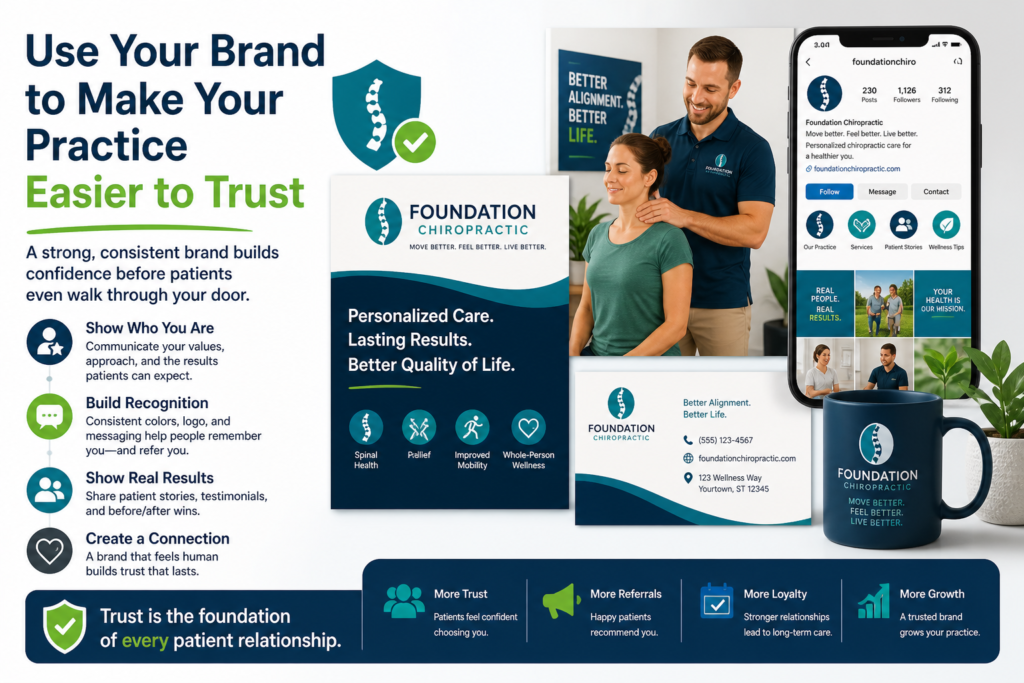A chiropractic brand is not just your logo, colors, or clinic name. Those things are part of it, but they are not the whole story. Your brand is the feeling people get when they see your practice online, talk to your team, read your reviews, visit your office, and explain your care to someone else.