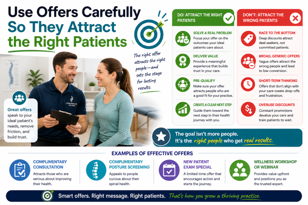 Offers can bring attention to a chiropractic practice, but they can also create problems if they are used without strategy. A low-price offer may bring many calls, but not all of those callers will be a good fit. Some may only want the discount. Some may not value care. Some may not show up. Some may leave as soon as the offer ends.