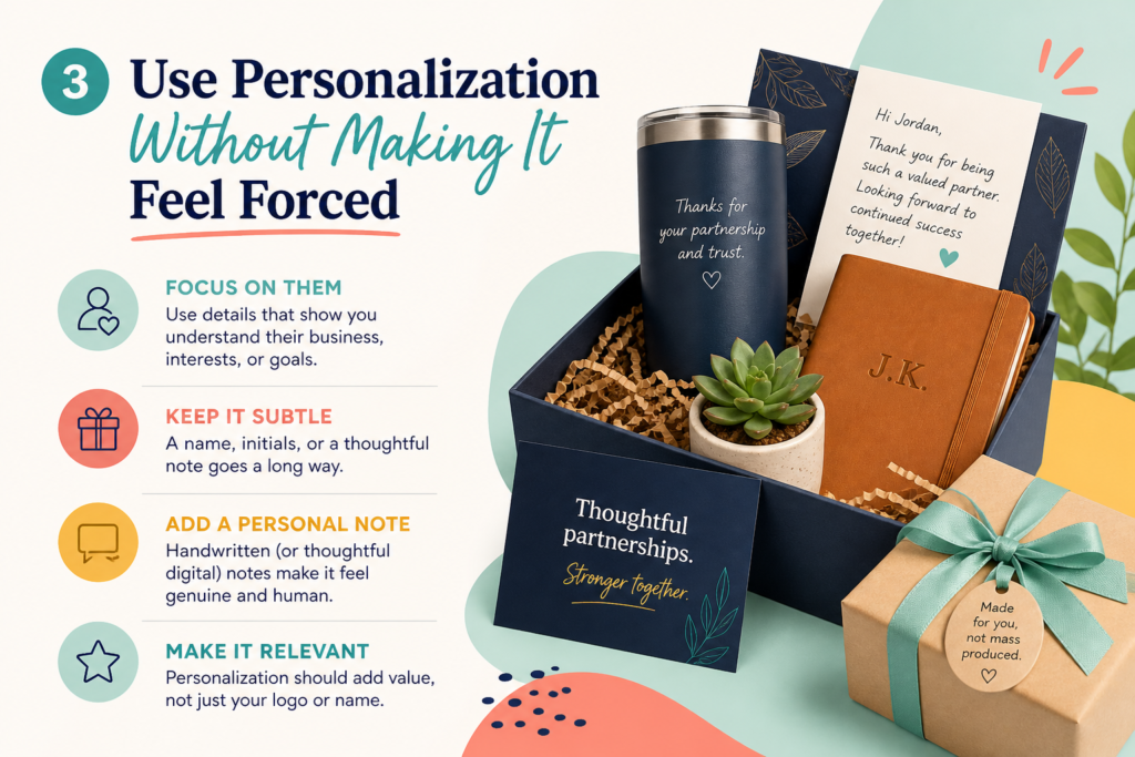 There is a clear line between thoughtful and overly personal. The goal is to show that you pay attention without making the client feel watched. In a business relationship, the safest personalization usually connects to professional context, stated preferences, shared moments, or public milestones.