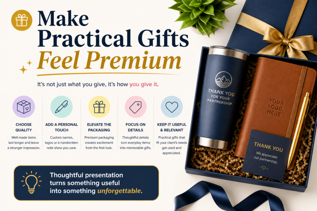 The problem is that many companies make practical gifts feel cheap. They send low-quality items with a big logo and expect clients to use them. That rarely works. Clients keep things that are useful, beautiful, or meaningful. Ideally, your gift should be at least two of those.