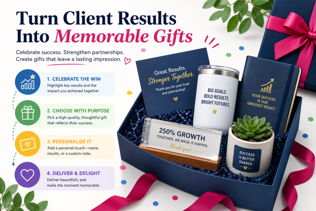 This is one of the most strategic gifting ideas for agencies, consultants, and marketing teams. Instead of sending a gift that has no clear link to the relationship, you can turn the client’s progress into something they can see, hold, or share.